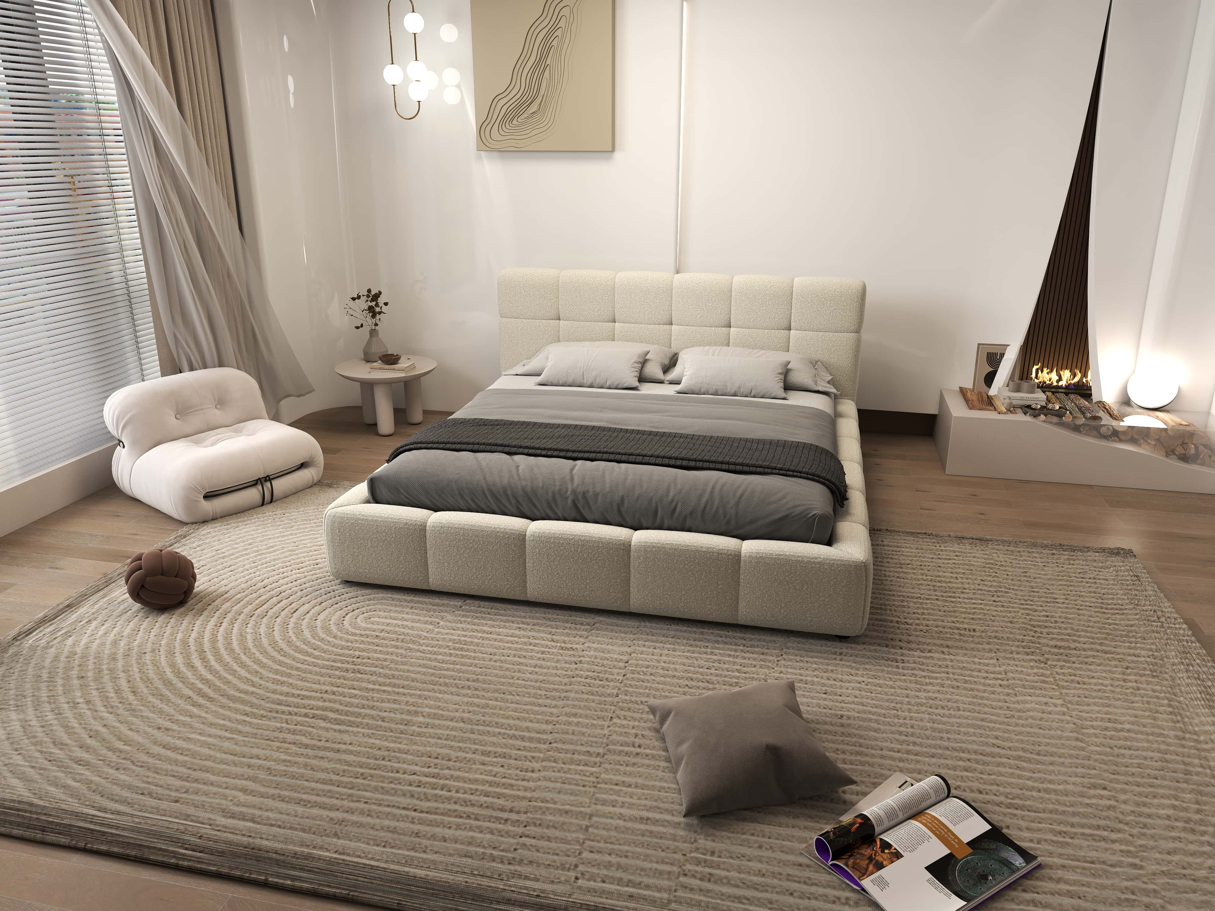 Pat dormitor dumonde, tapitat bej, Lorenzo 140x200 cm, somiera rabatabila inclusa, spatiu depozitare WLS