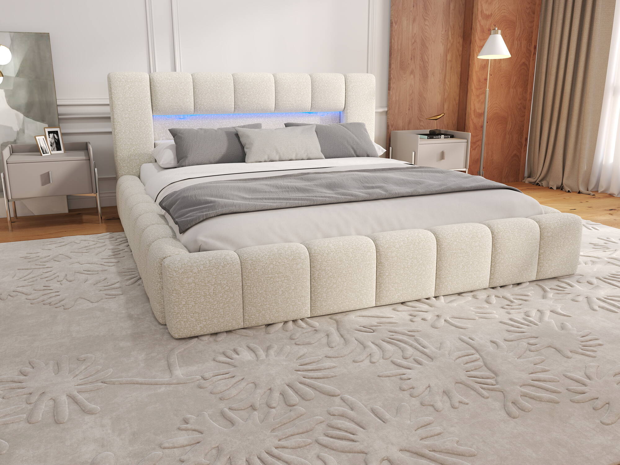 Pat dormitor dumonde, tapitat bej, Palermo 180x200 cm, somiera rabatabila inclusa, spatiu depozitare