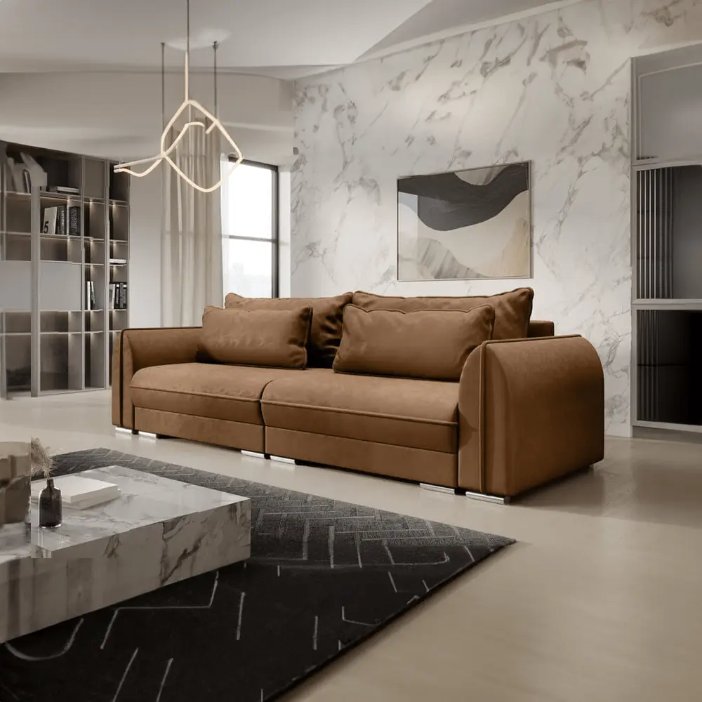 Canapea extensibilă dumonde cu ladă de depozitare si sezut confortabil din spuma HR, Denver Enjoy Brown 300x100 cm Fabrica