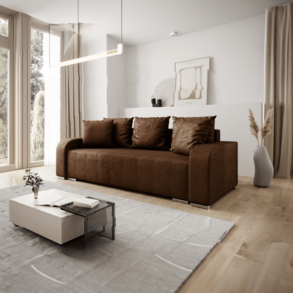 Canapea extensibilă cu ladă de depozitare si sezut confortabil din spuma HR, Sofia Brown 240x100 cm Fabrica