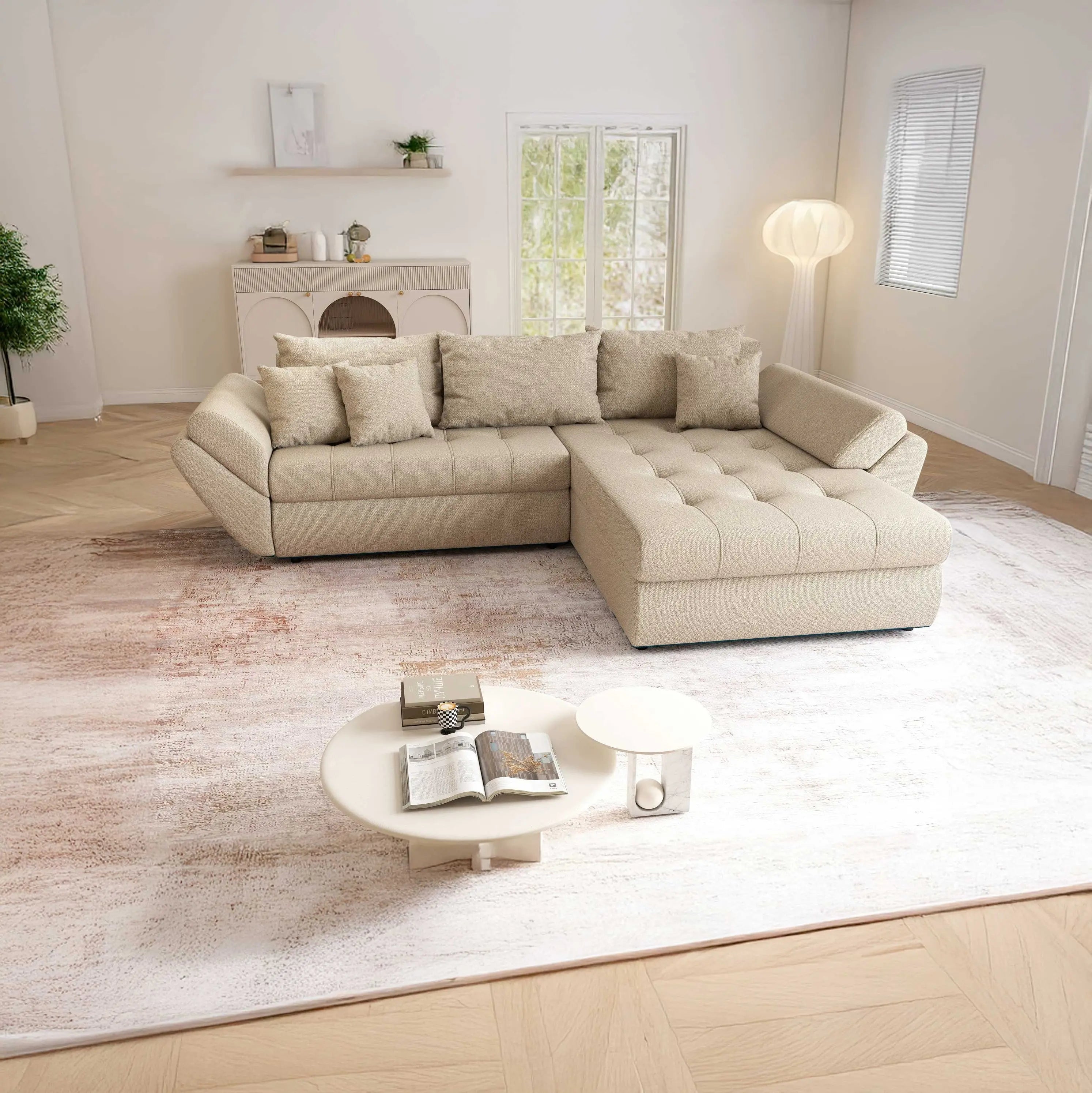 Colțar extensibil dumonde cu ladă de depozitare si sezut confortabil din spuma HR, Loana Camel II 270x185 cm Fabrica