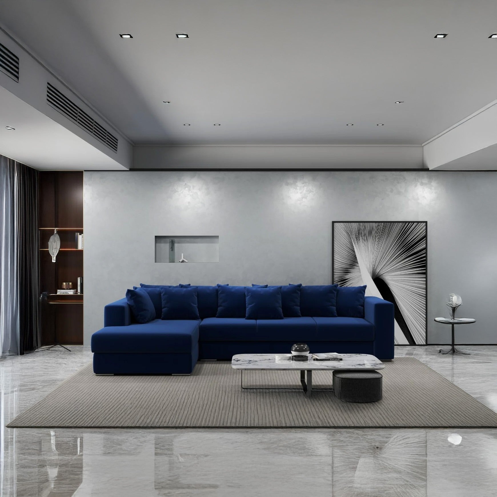 Colțar extensibil dumonde cu ladă de depozitare si sezut confortabil din spuma HR, Gloria Bleumarin Royal 320x183 cm Fabrica