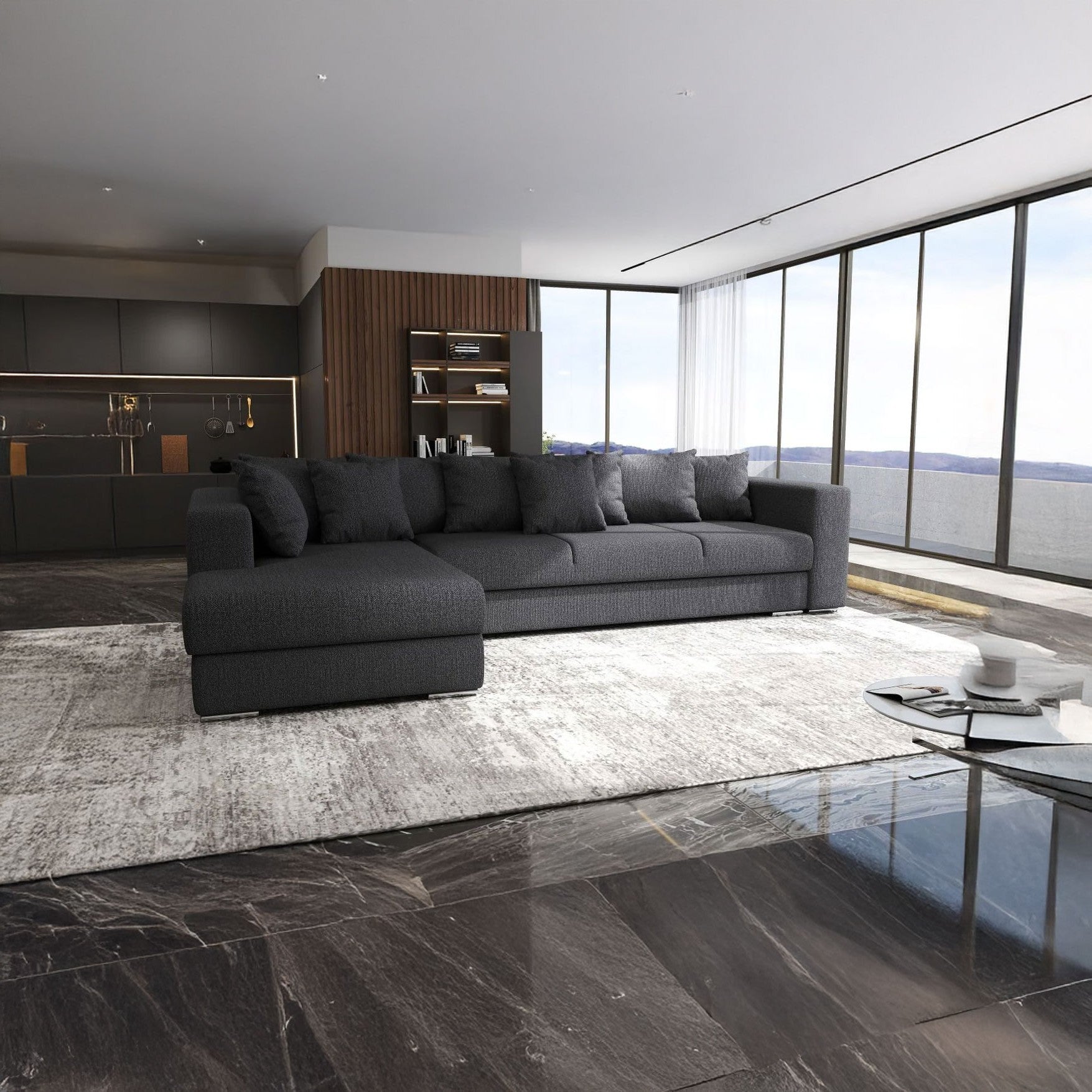 Colțar extensibil dumonde cu ladă de depozitare si sezut confortabil din spuma HR, Gloria Antracit III 320x183 cm Fabrica
