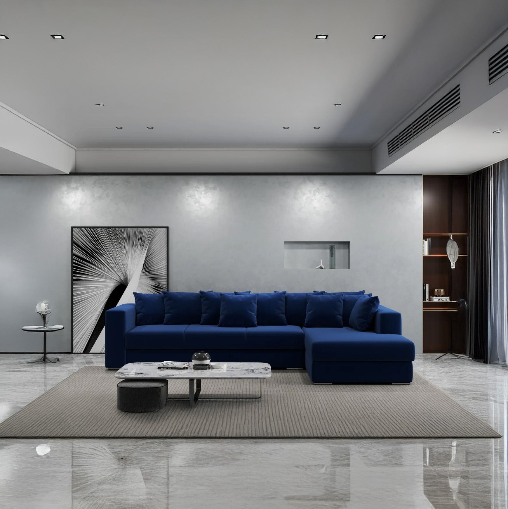 Colțar extensibil dumonde cu ladă de depozitare si sezut confortabil din spuma HR, Gloria Bleumarin Royal II 320x183 cm Fabrica