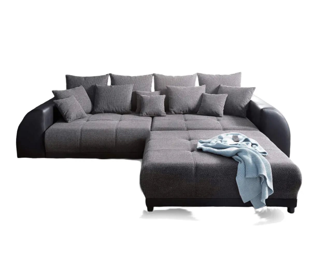 Canapea extensibilă dumonde cu 2 lăzi de depozitare si sezut confortabil din spuma HR, Verona Magma Black 310x100 cm cu taburet inclus