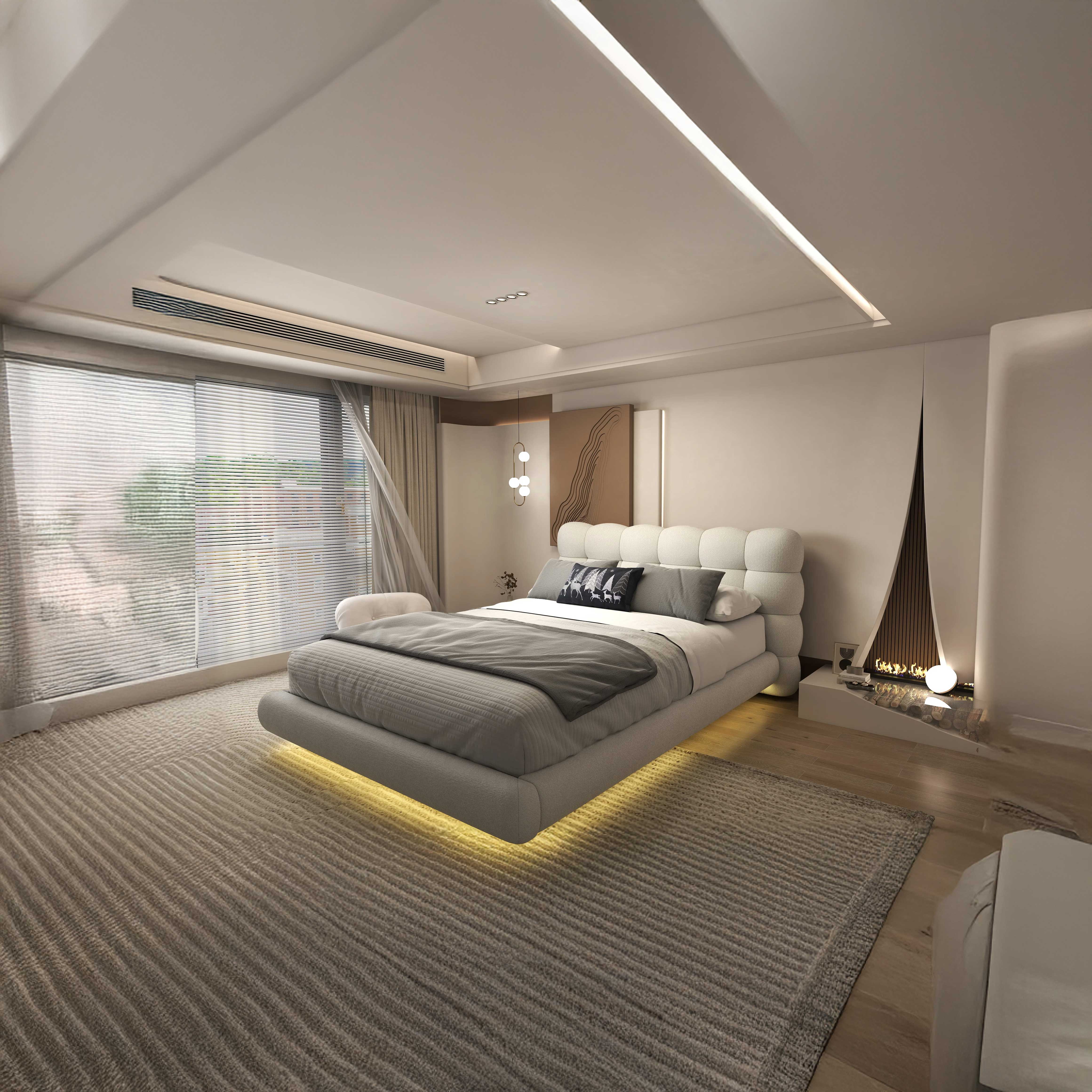 Pat dormitor dumonde, tapitat alb cu LED, "floating bed" Cloud 160x200 cm, somiera inclusa WLS