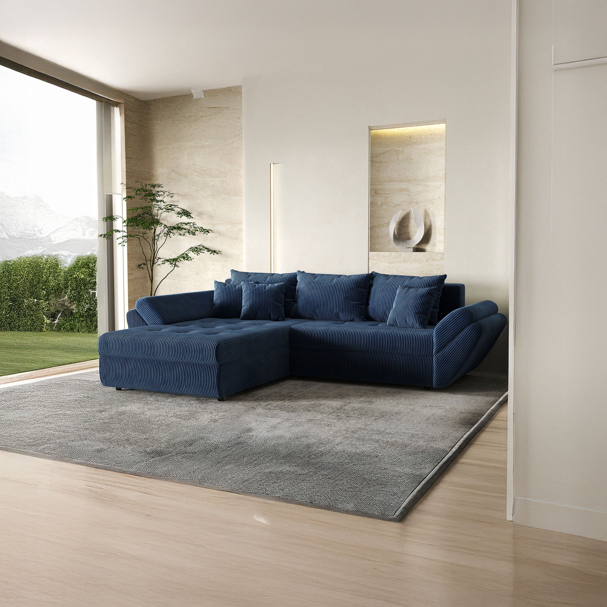 Colțar extensibil dumonde cu ladă de depozitare si sezut confortabil din spuma HR, Loana Zoom Blue 270x185 cm Fabrica