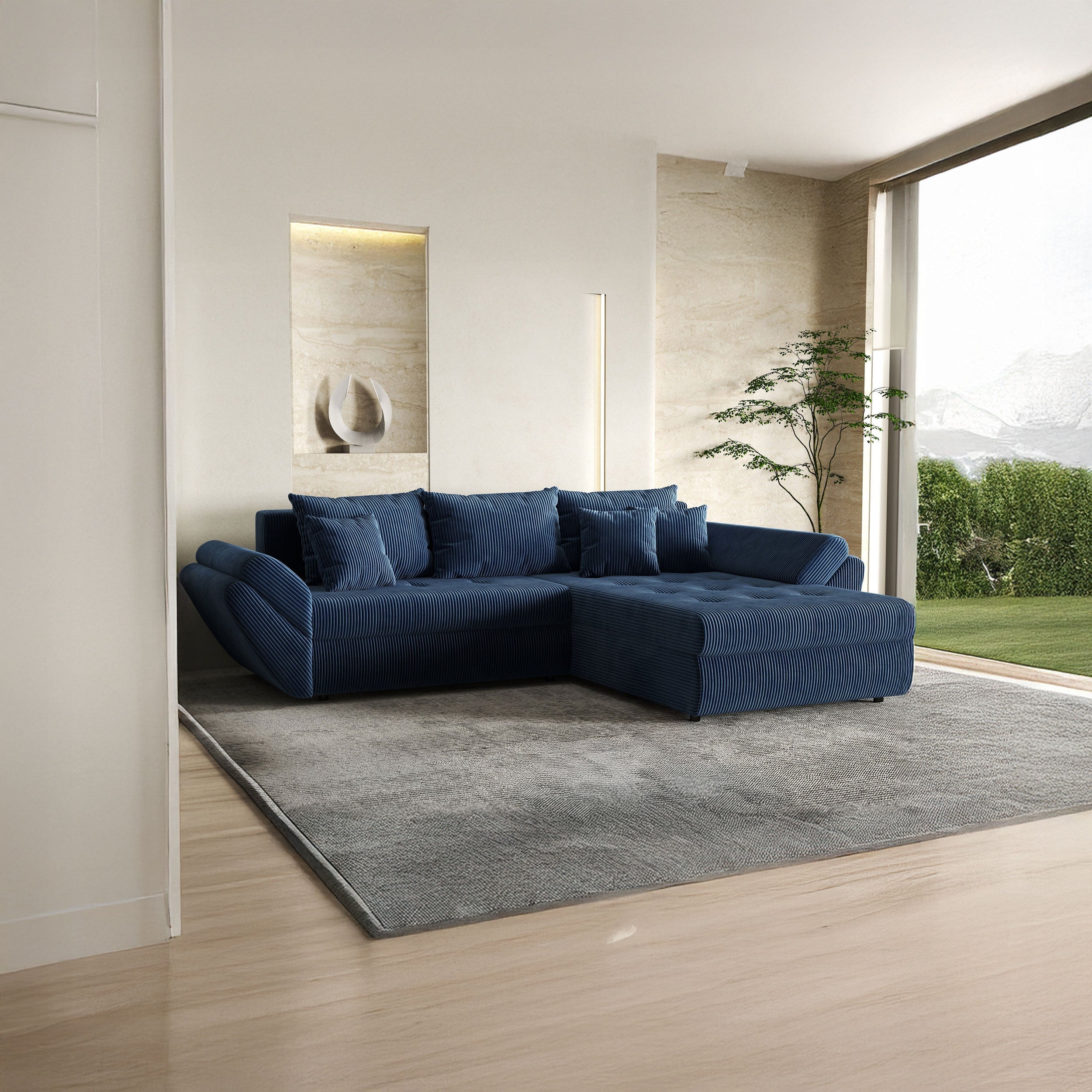 Colțar extensibil dumonde cu ladă de depozitare si sezut confortabil din spuma HR, Loana Zoom Blue II 270x185 cm Fabrica