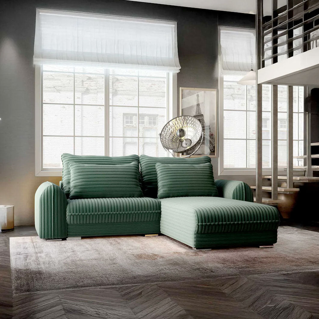 Colțar extensibil dumonde cu ladă de depozitare si sezut confortabil din spuma HR, Denver Ambience Verde 275x185 cm II Fabrica