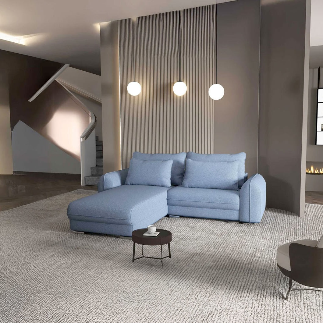 Colțar extensibil dumonde cu ladă de depozitare si sezut confortabil din spuma HR, Denver Enjoy Albastru 275x185 cm Fabrica