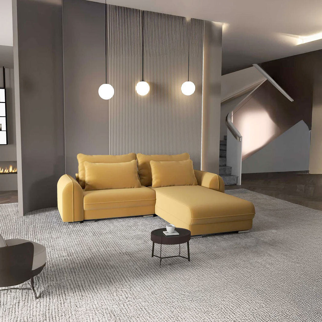 Colțar extensibil dumonde cu ladă de depozitare si sezut confortabil din spuma HR, Denver Royal Mustar 275x185 cm II Fabrica