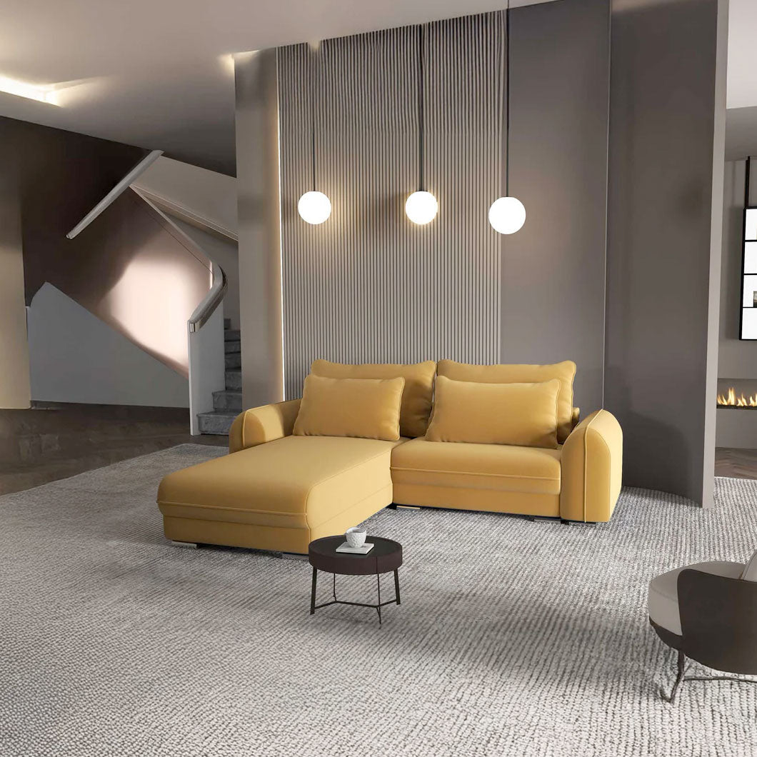 Colțar extensibil dumonde cu ladă de depozitare si sezut confortabil din spuma HR, Denver Royal Mustar 275x185 cm Fabrica