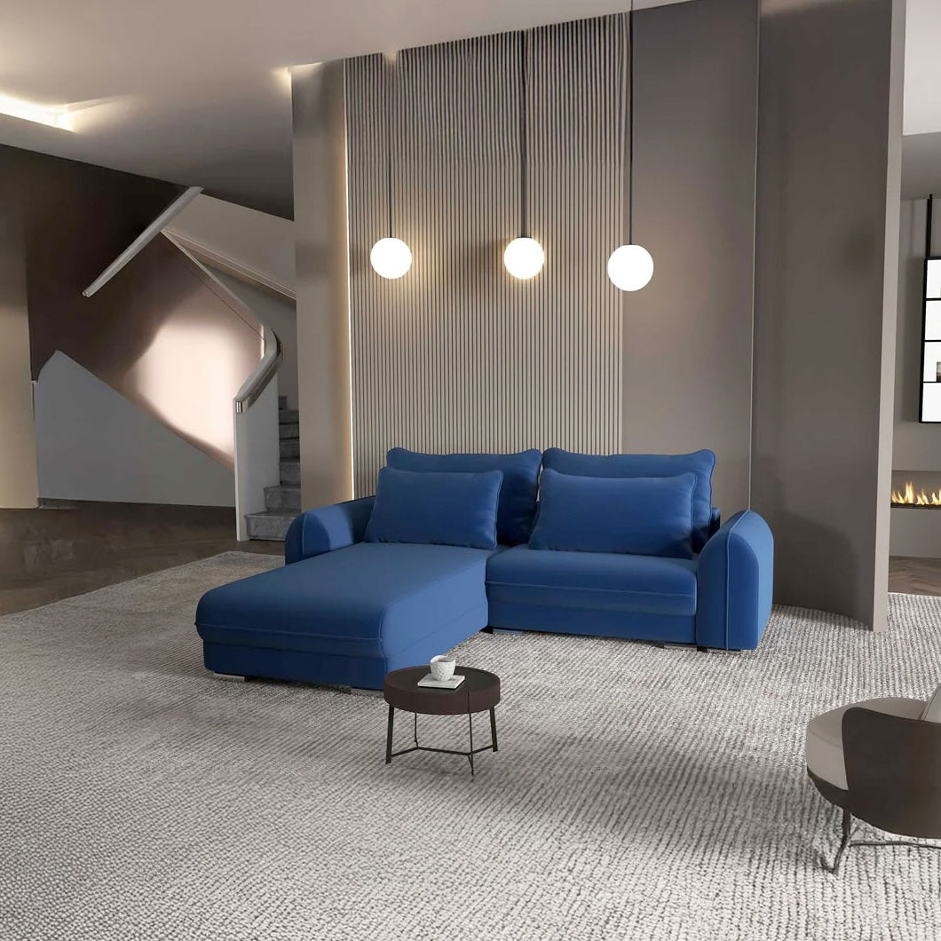 Colțar extensibil dumonde cu ladă de depozitare si sezut confortabil din spuma HR, Denver Royal Albastru 275x185 cm Fabrica