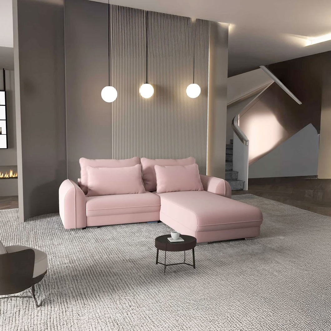 Colțar extensibil dumonde cu ladă de depozitare si sezut confortabil din spuma HR, Denver Royal Roz 275x185 cm II Fabrica