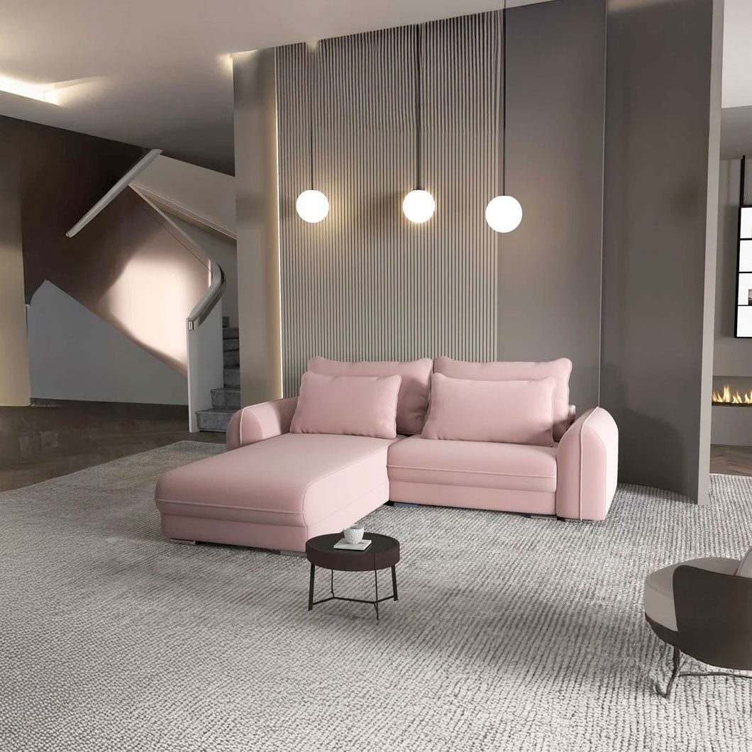 Colțar extensibil dumonde cu ladă de depozitare si sezut confortabil din spuma HR, Denver Royal Roz 275x185 cm Fabrica