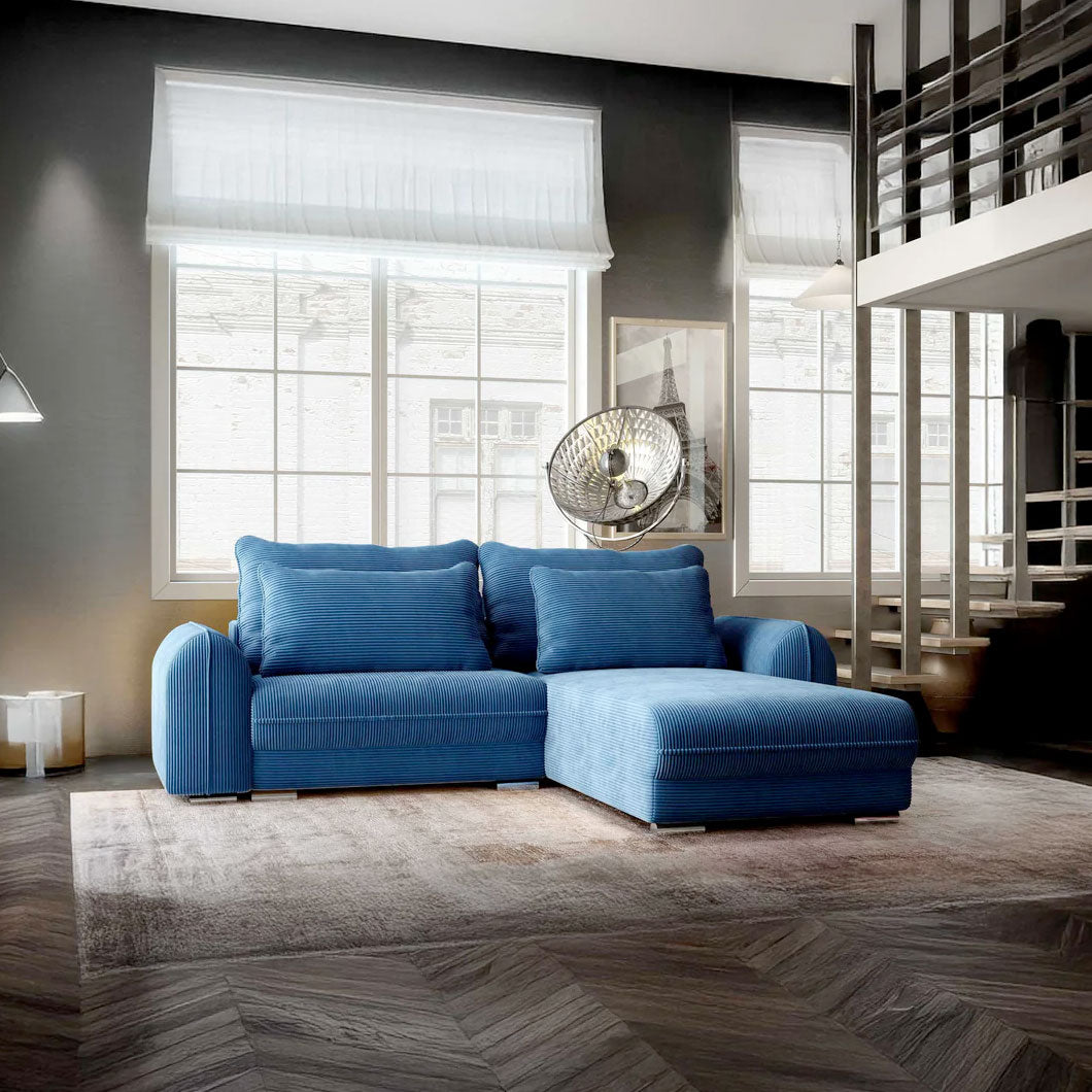 Colțar extensibil dumonde cu ladă de depozitare si sezut confortabil din spuma HR, Denver Zoom Albastru 275x185 cm II Fabrica