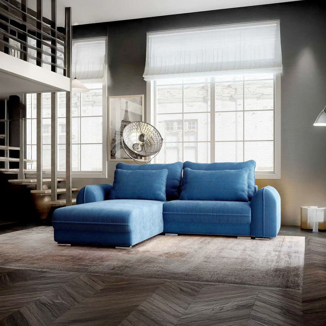 Colțar extensibil dumonde cu ladă de depozitare si sezut confortabil din spuma HR, Denver Zoom Albastru 275x185 cm Fabrica