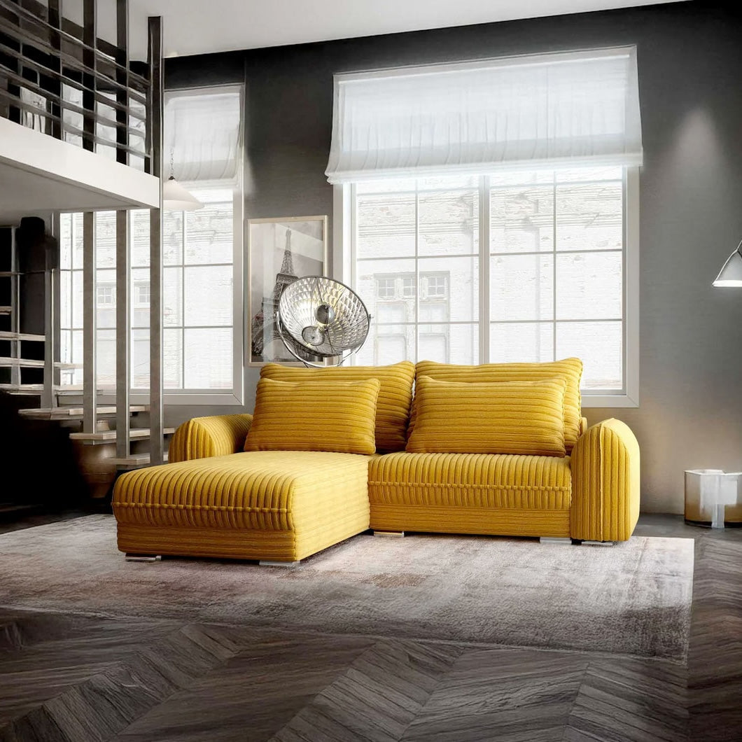 Colțar extensibil dumonde cu ladă de depozitare si sezut confortabil din spuma HR, Denver Ambience Mustar 275x185 cm Fabrica