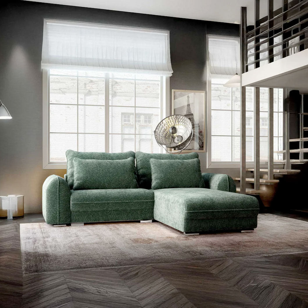 Colțar extensibil dumonde cu ladă de depozitare si sezut confortabil din spuma HR, Denver Euphoria Verde 275x185 cm II Fabrica