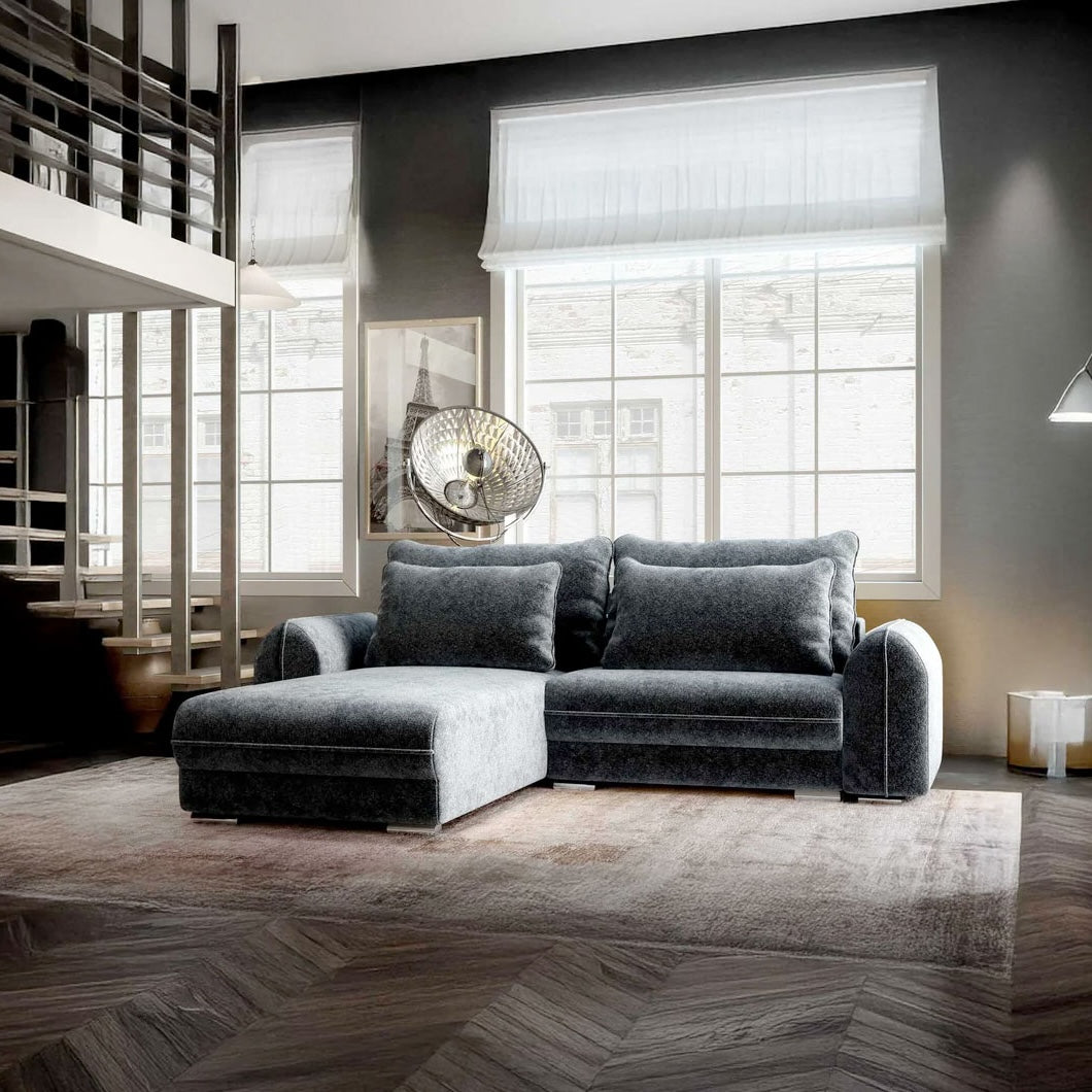 Colțar extensibil dumonde cu ladă de depozitare si sezut confortabil din spuma HR, Denver Euphoria Grafit 275x185 cm Fabrica