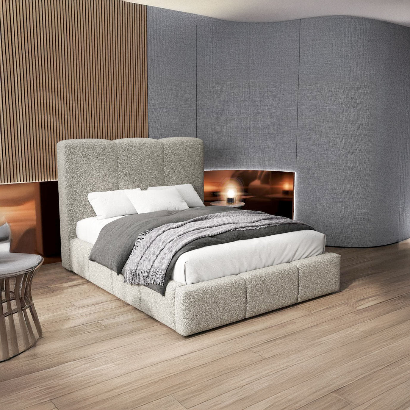 Pat dormitor dumonde, tapitat bej, Dinasty 180x200 cm, somiera rabatabila inclusa, spatiu depozitare