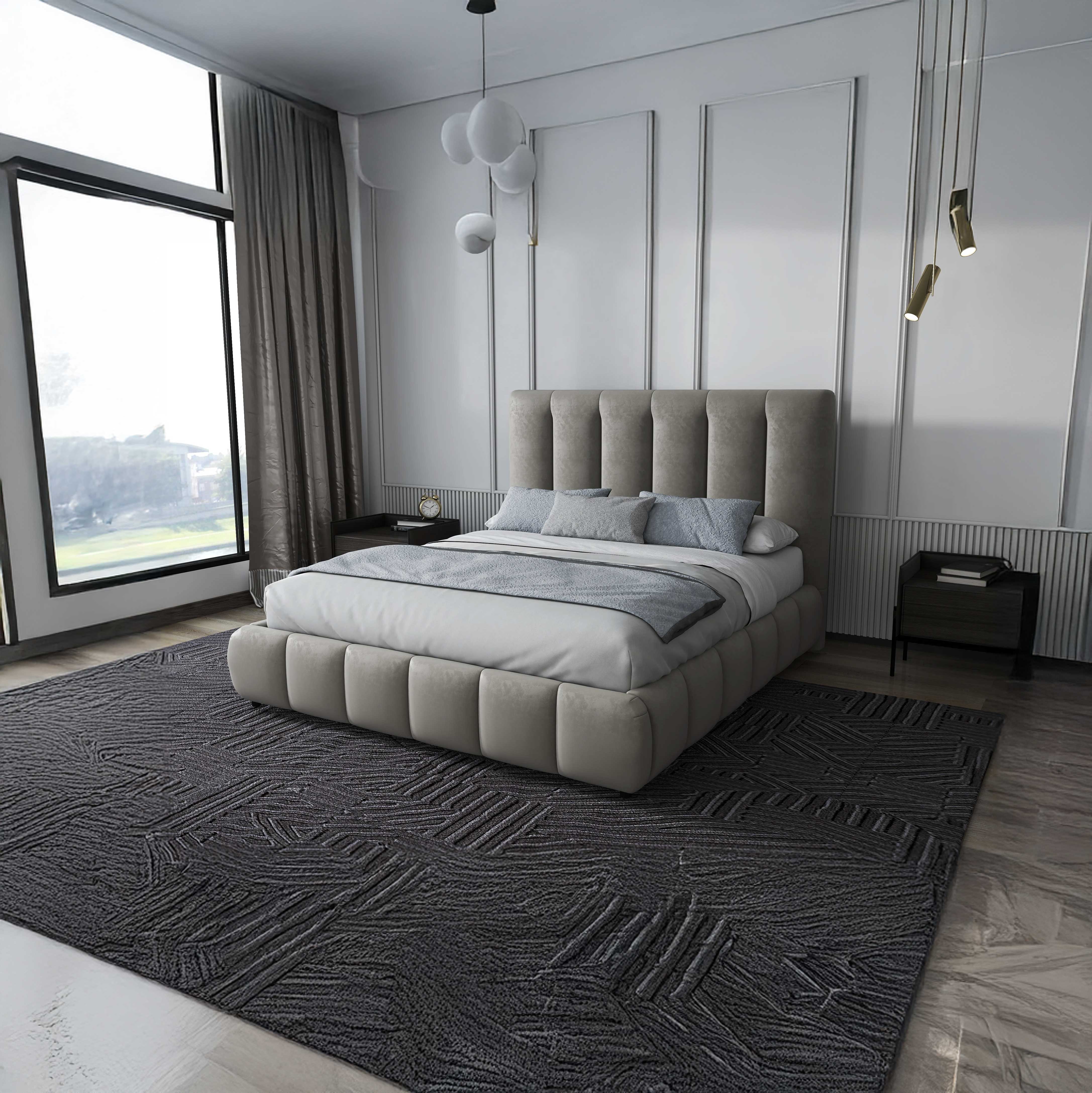 Pat dormitor dumonde, tapitat bej, Divaneo 180x200 cm, somiera rabatabila inclusa, spatiu depozitare WLS