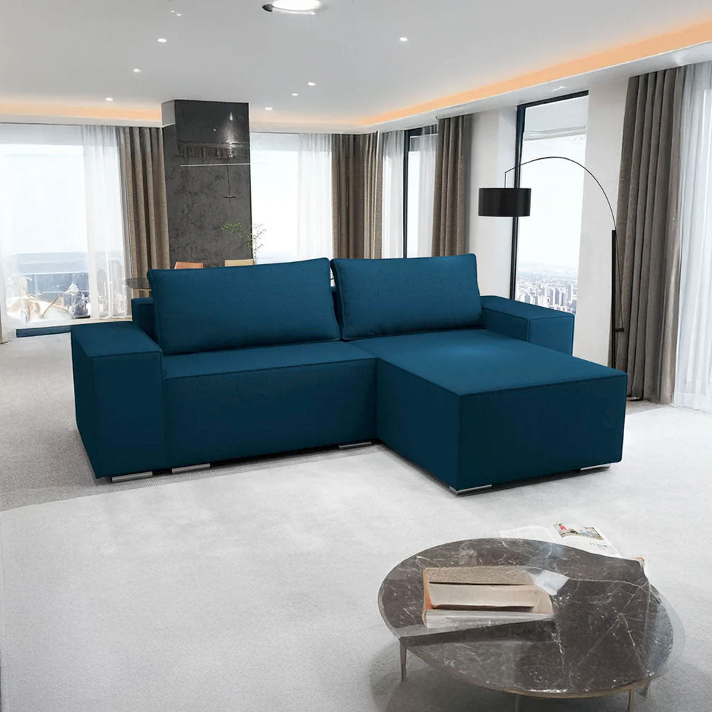 Colțar extensibil dumonde cu ladă de depozitare si sezut confortabil din spuma HR, Dream Enjoy Petrol 290x185 cm II Fabrica