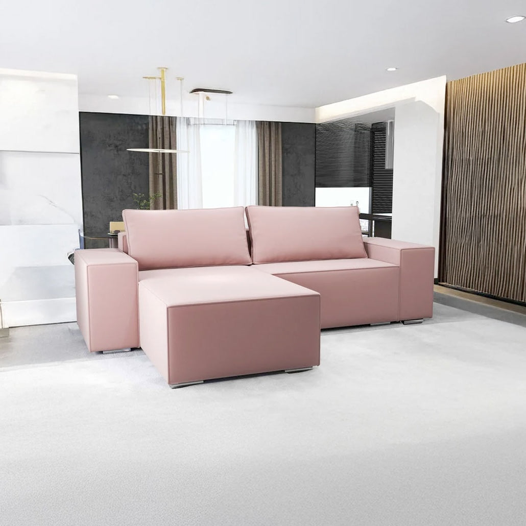 Colțar extensibil dumonde cu ladă de depozitare si sezut confortabil din spuma HR, Dream Royal Roz 290x185 cm Fabrica