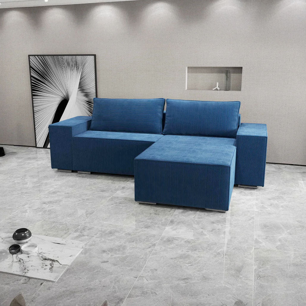 Colțar extensibil dumonde cu ladă de depozitare si sezut confortabil din spuma HR, Dream Zoom Albastru 290x185 cm II Fabrica