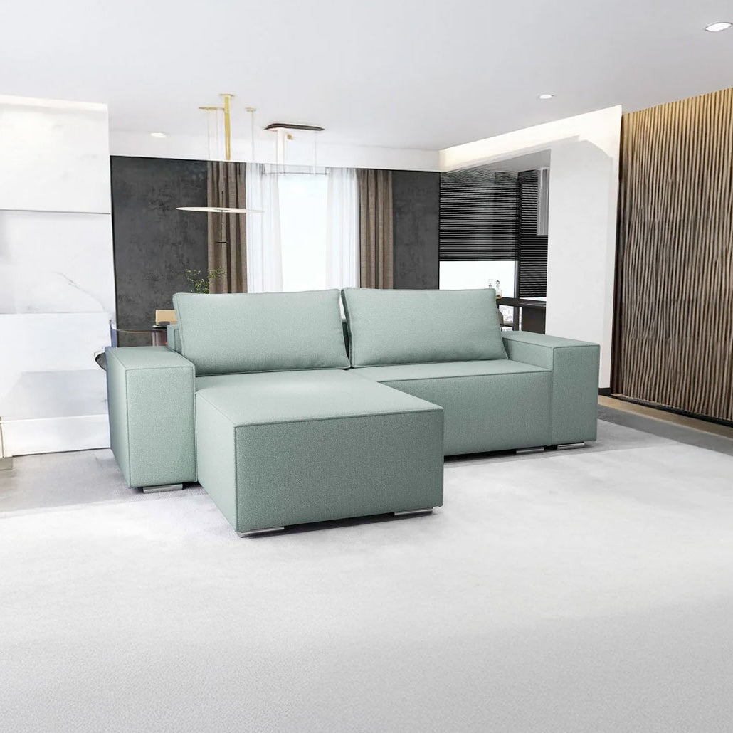 Colțar extensibil dumonde cu ladă de depozitare si sezut confortabil din spuma HR, Dream Enjoy Mint 290x185 cm