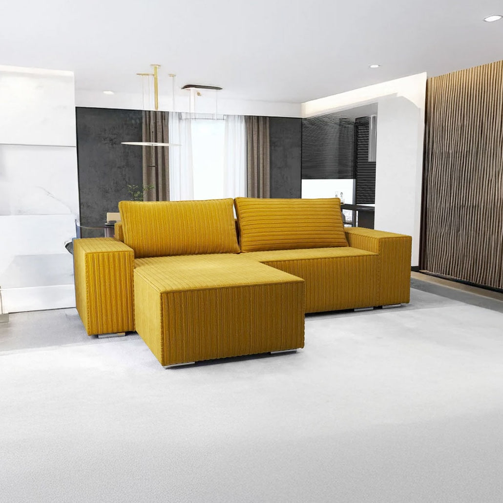 Colțar extensibil dumonde cu ladă de depozitare si sezut confortabil din spuma HR, Dream Ambience Mustar 290x185 cm Fabrica