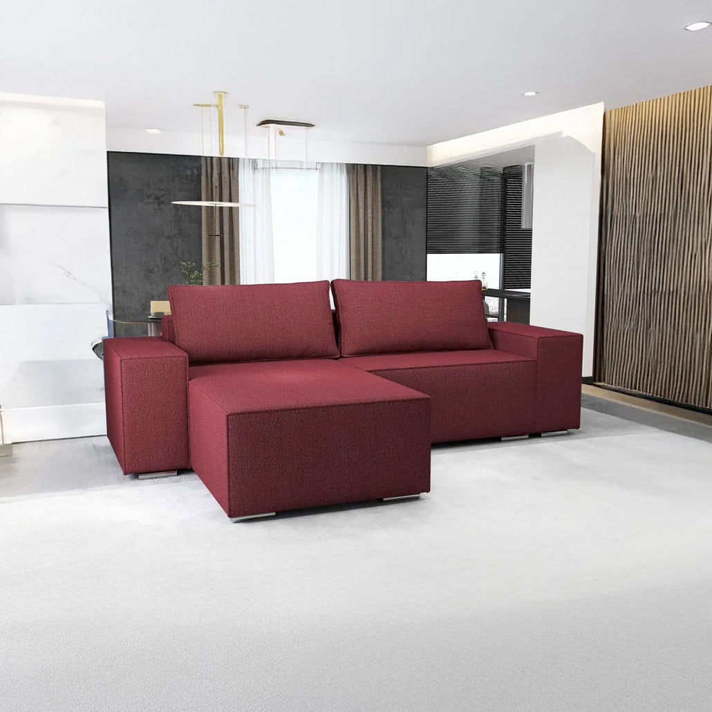 Colțar extensibil dumonde cu ladă de depozitare si sezut confortabil din spuma HR, Dream Enjoy Rosu 290x185 cm Fabrica