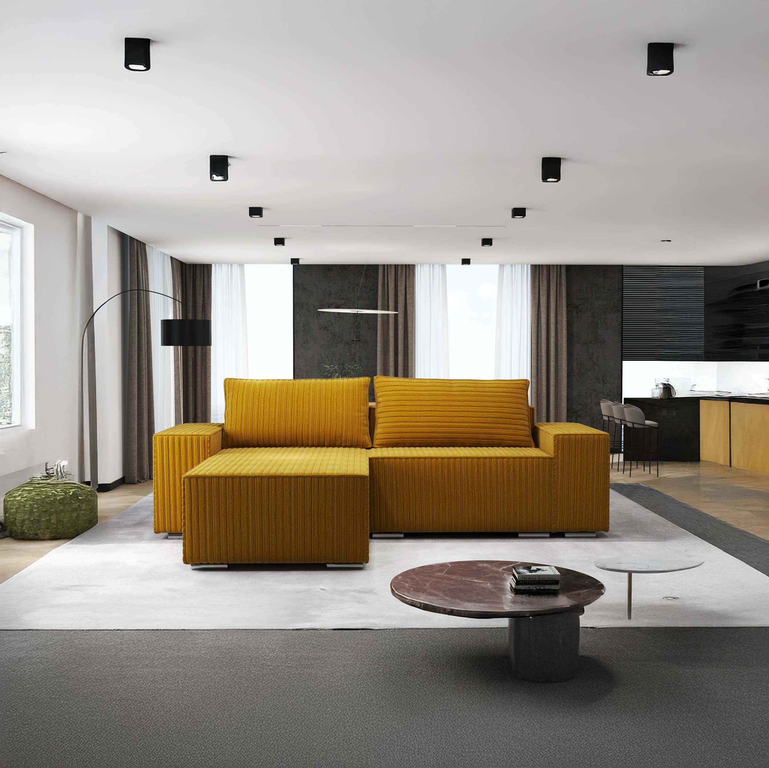 Colțar extensibil dumonde cu ladă de depozitare si sezut confortabil din spuma HR, Dream Ambience Mustar 290x185 cm II Fabrica