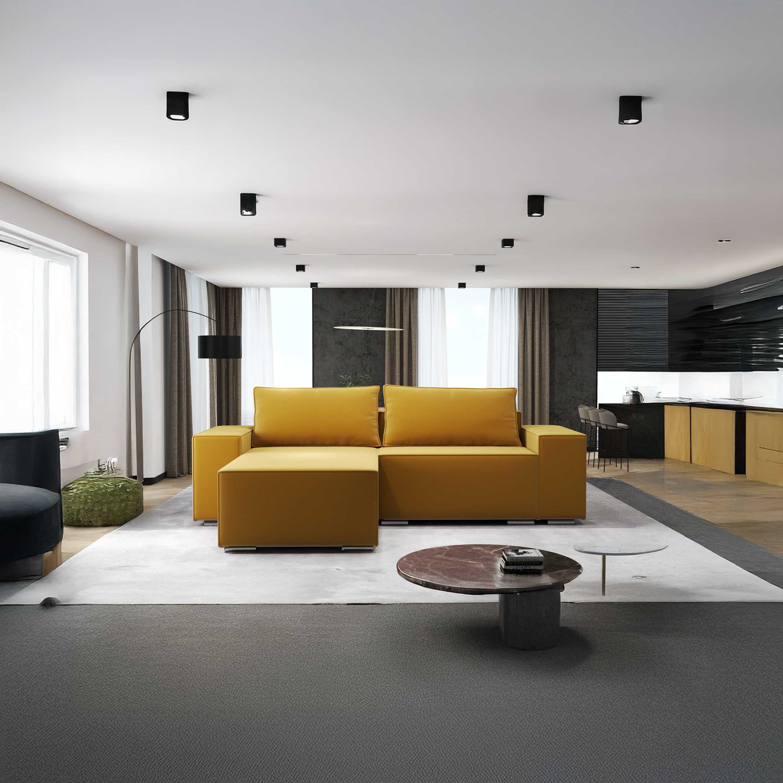 Colțar extensibil dumonde cu ladă de depozitare si sezut confortabil din spuma HR, Dream Royal Mustar 290x185 cm II Fabrica