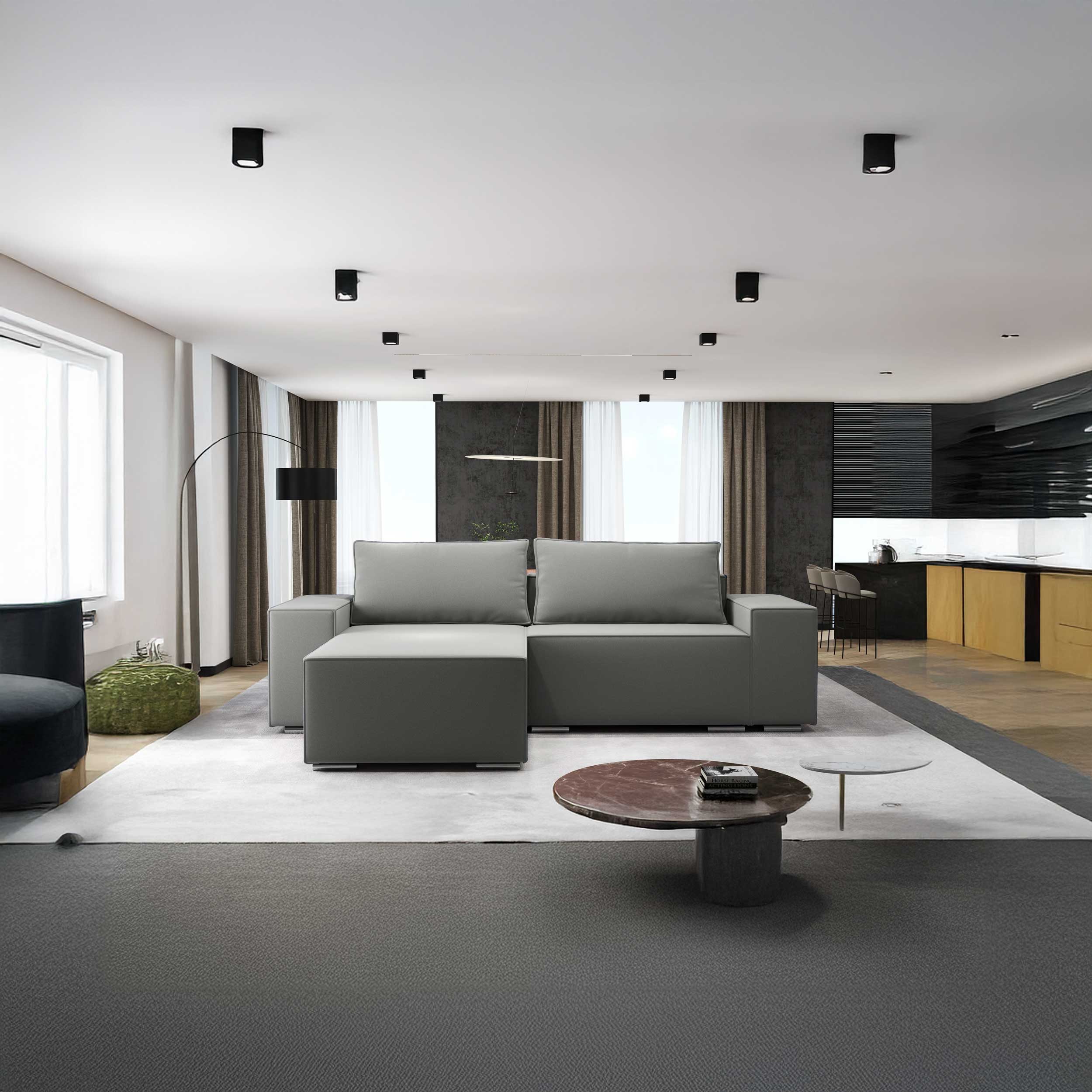 Colțar extensibil dumonde cu ladă de depozitare si sezut confortabil din spuma HR, Dream Royal Gri 290x185 cm Fabrica