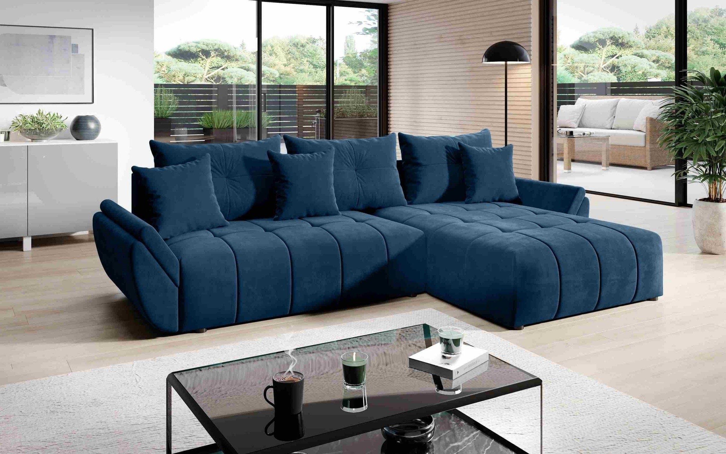 Colțar extensibil dumonde cu ladă de depozitare si sezut confortabil din spuma HR, Berlin Albastru Pudrat II 280x185 cm Fabrica
