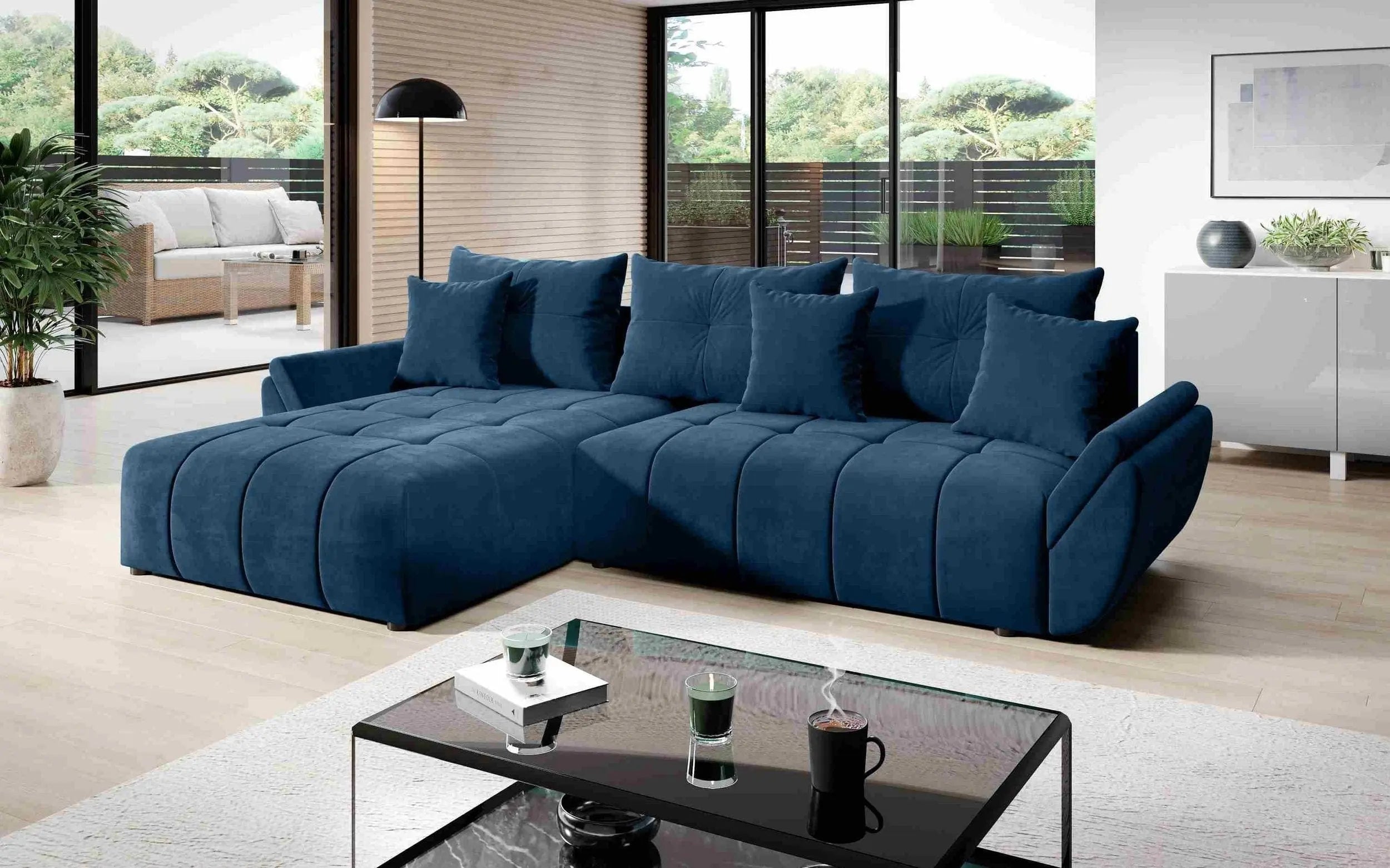 Colțar extensibil dumonde cu ladă de depozitare si sezut confortabil din spuma HR, Berlin Albastru Pudrat 280x185 cm Fabrica