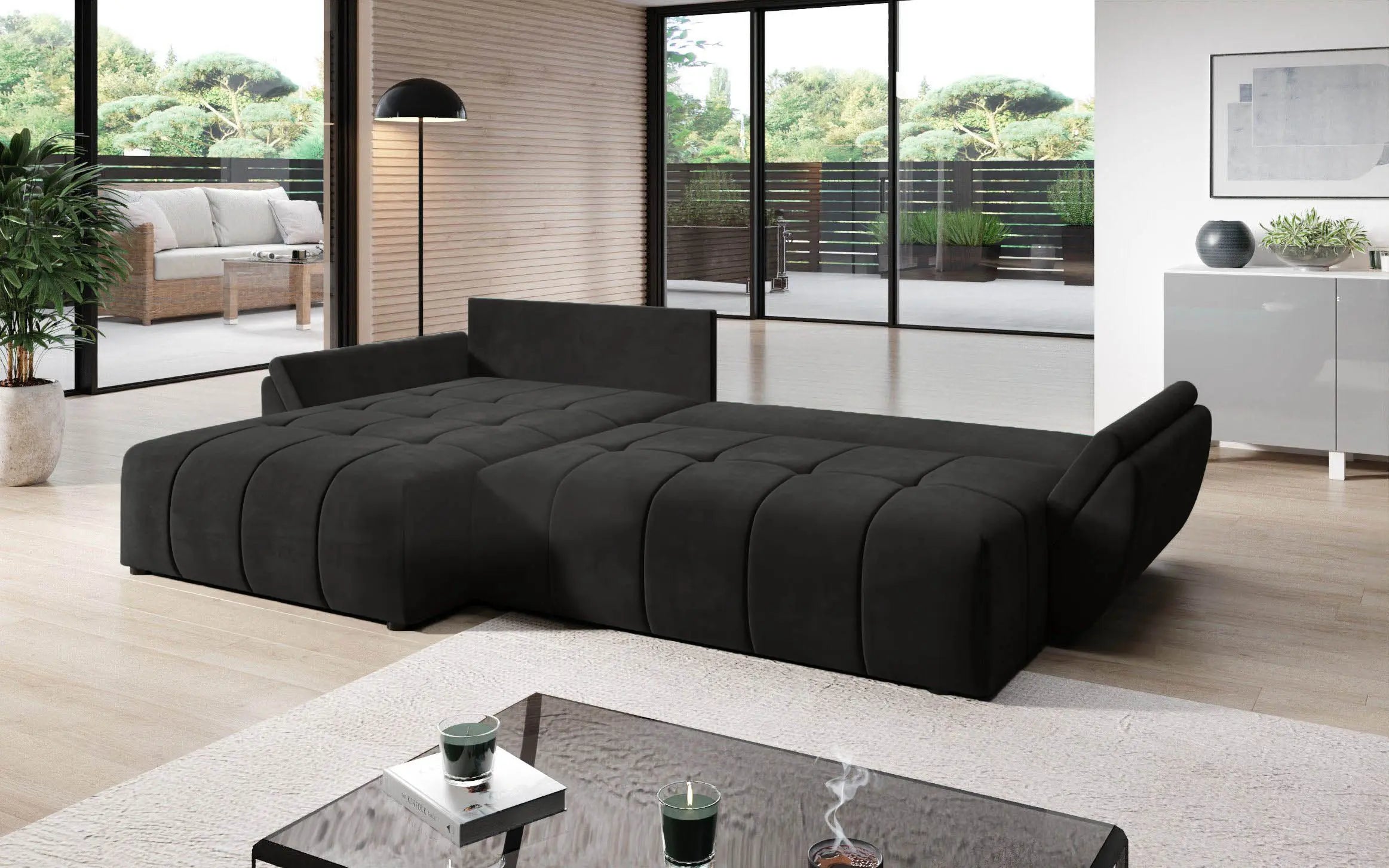 Colțar extensibil dumonde cu ladă de depozitare si sezut confortabil din spuma HR, Berlin Black 280x185 cm Fabrica