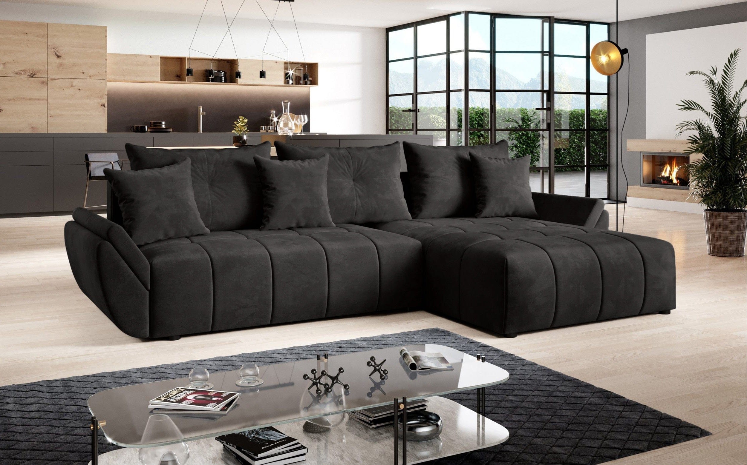 Colțar extensibil dumonde cu ladă de depozitare si sezut confortabil din spuma HR, Berlin Black II 280x185 cm Fabrica