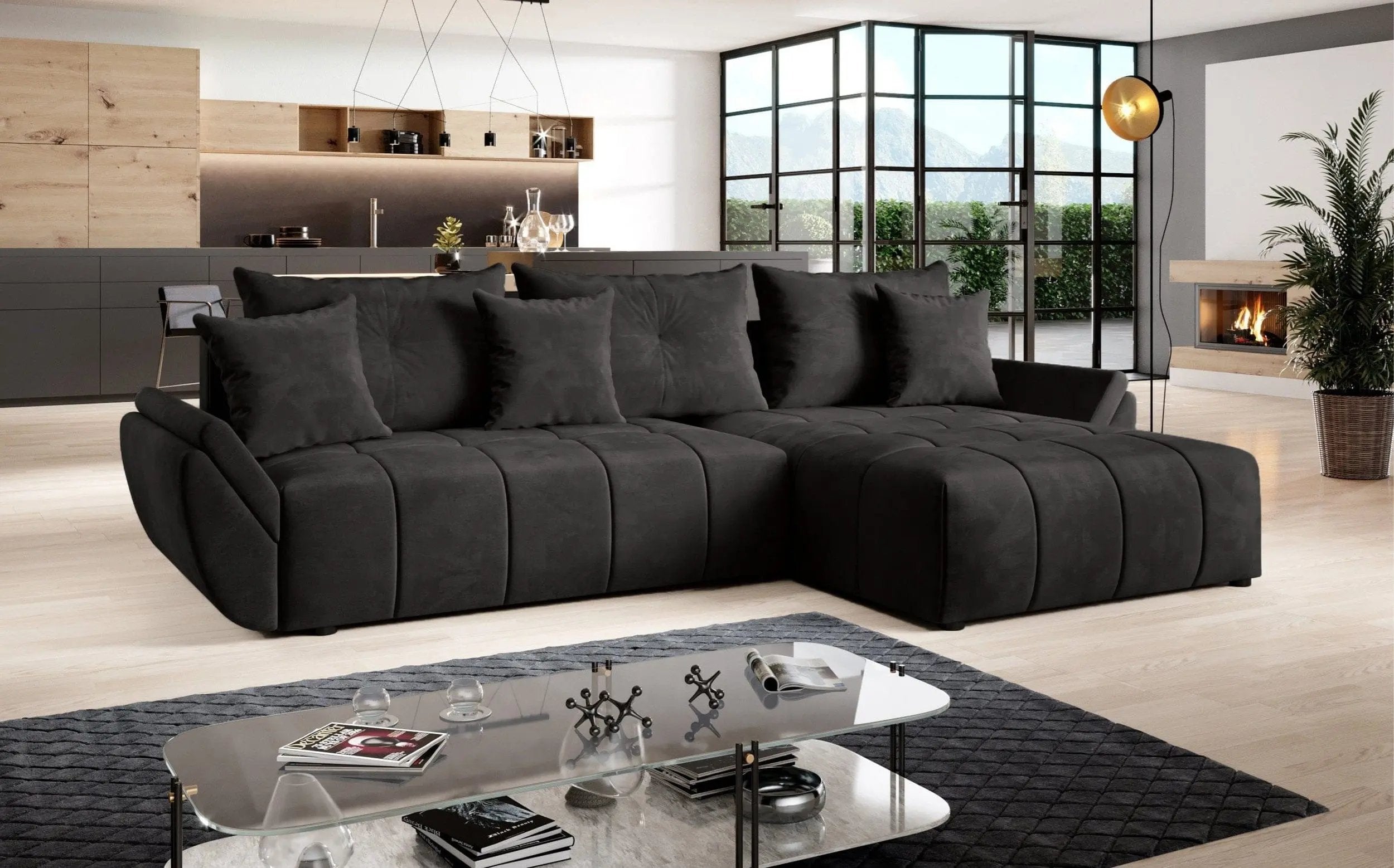 Colțar extensibil dumonde cu ladă de depozitare si sezut confortabil din spuma HR, Berlin Enjoy Black II 280x185 cm Fabrica