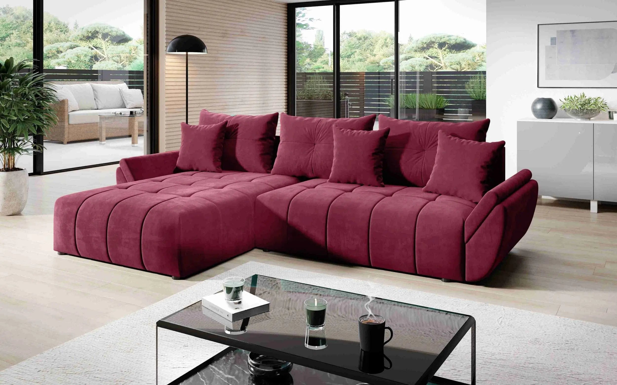 Colțar extensibil dumonde cu ladă de depozitare si sezut confortabil din spuma HR, Berlin Bordoux 280x185 cm Fabrica