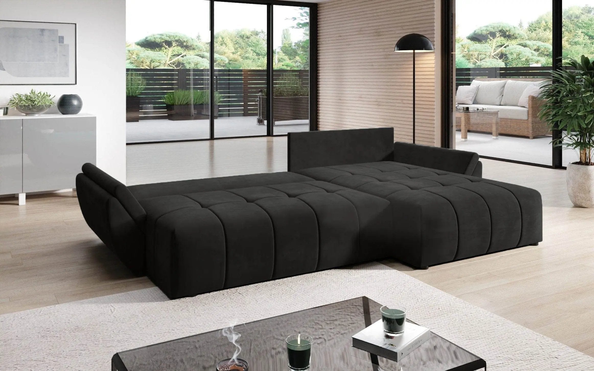 Colțar extensibil dumonde cu ladă de depozitare si sezut confortabil din spuma HR, Berlin Enjoy Black II 280x185 cm Fabrica