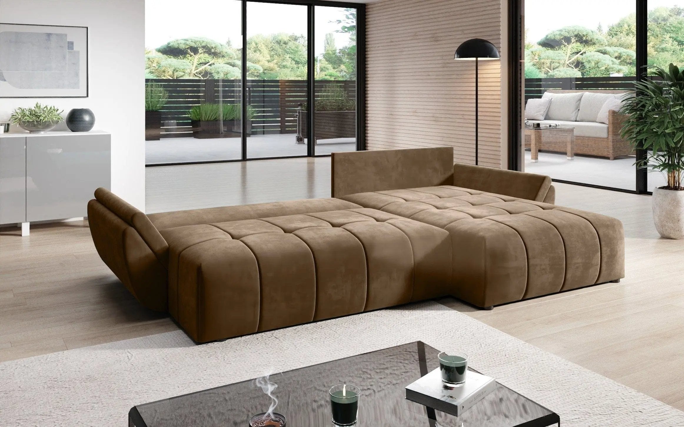 Colțar extensibil dumonde cu ladă de depozitare si sezut confortabil din spuma HR, Berlin Enjoy Brown II 280x185 cm Fabrica