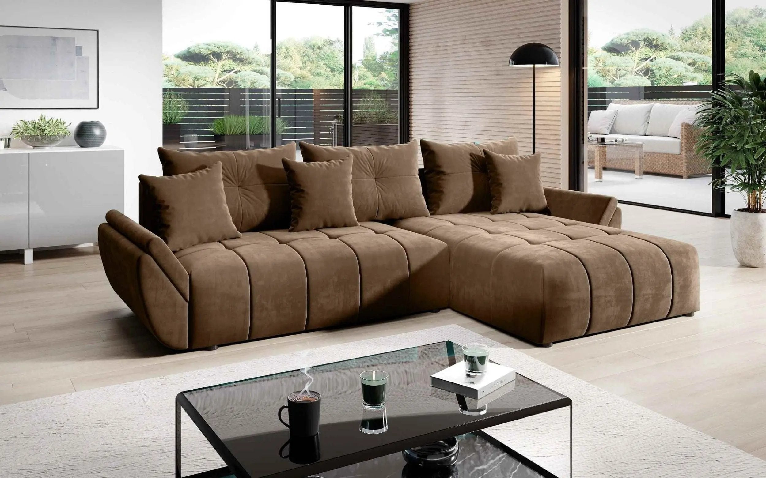 Colțar extensibil dumonde cu ladă de depozitare si sezut confortabil din spuma HR, Berlin Enjoy Brown II 280x185 cm Fabrica