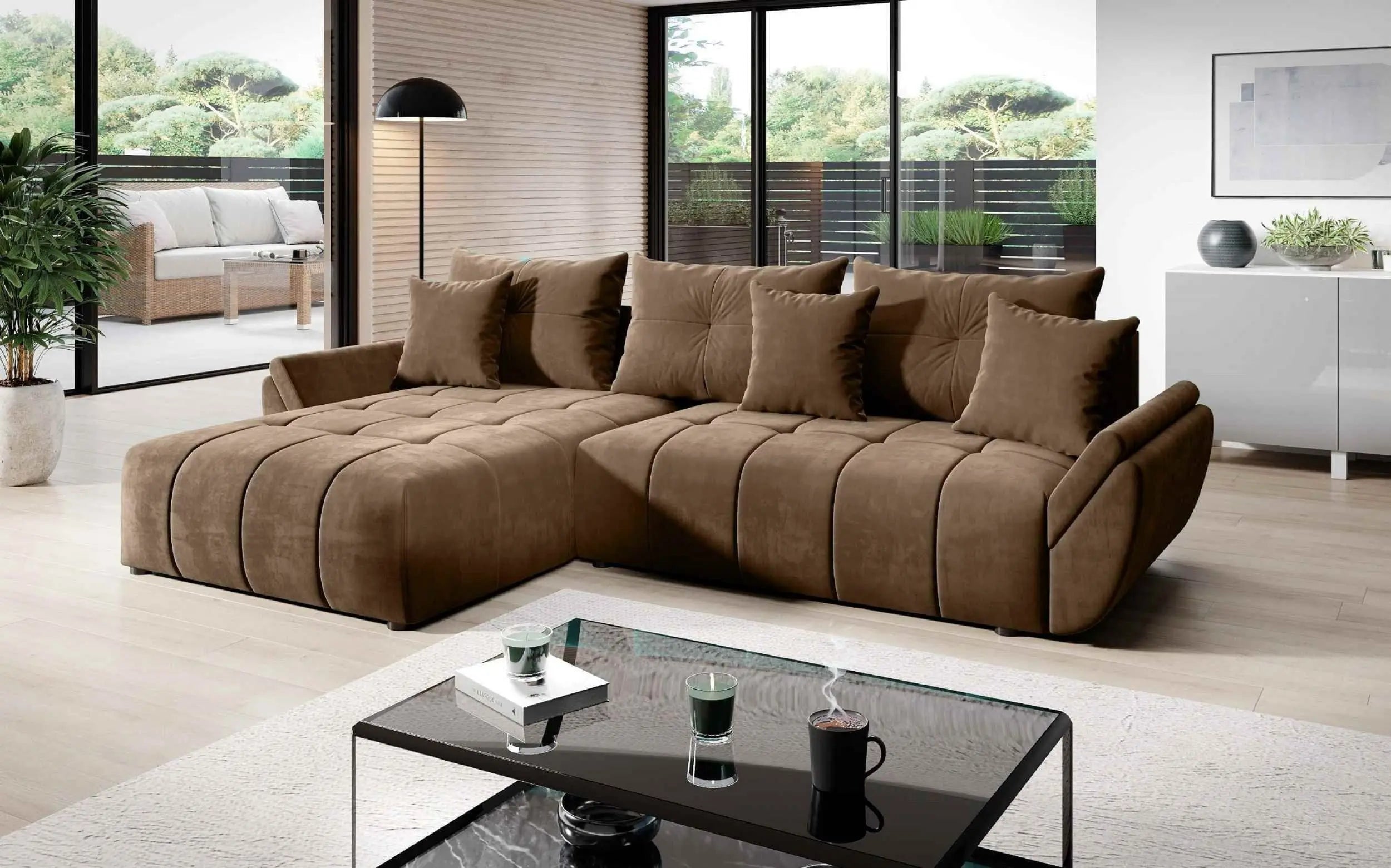 Colțar extensibil dumonde cu ladă de depozitare si sezut confortabil din spuma HR, Berlin Braun 280x185 cm Fabrica