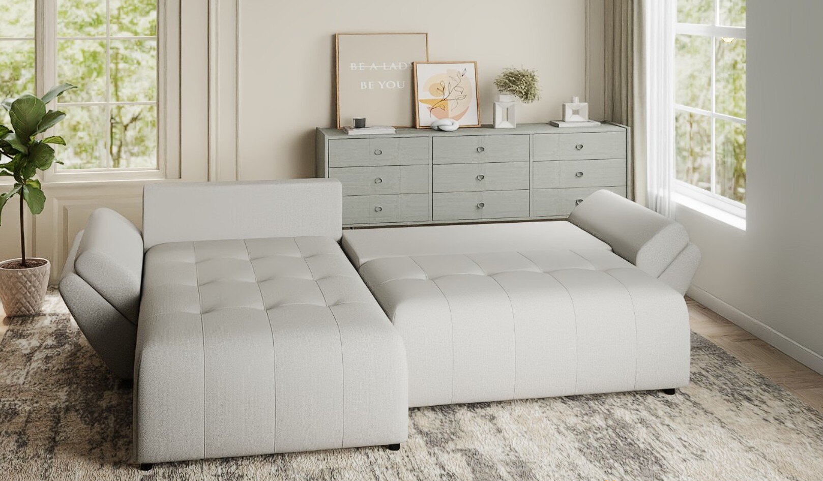 Colțar extensibil dumonde cu ladă de depozitare si sezut confortabil din spuma HR, Berlin Enjoy Bej 280x185 cm