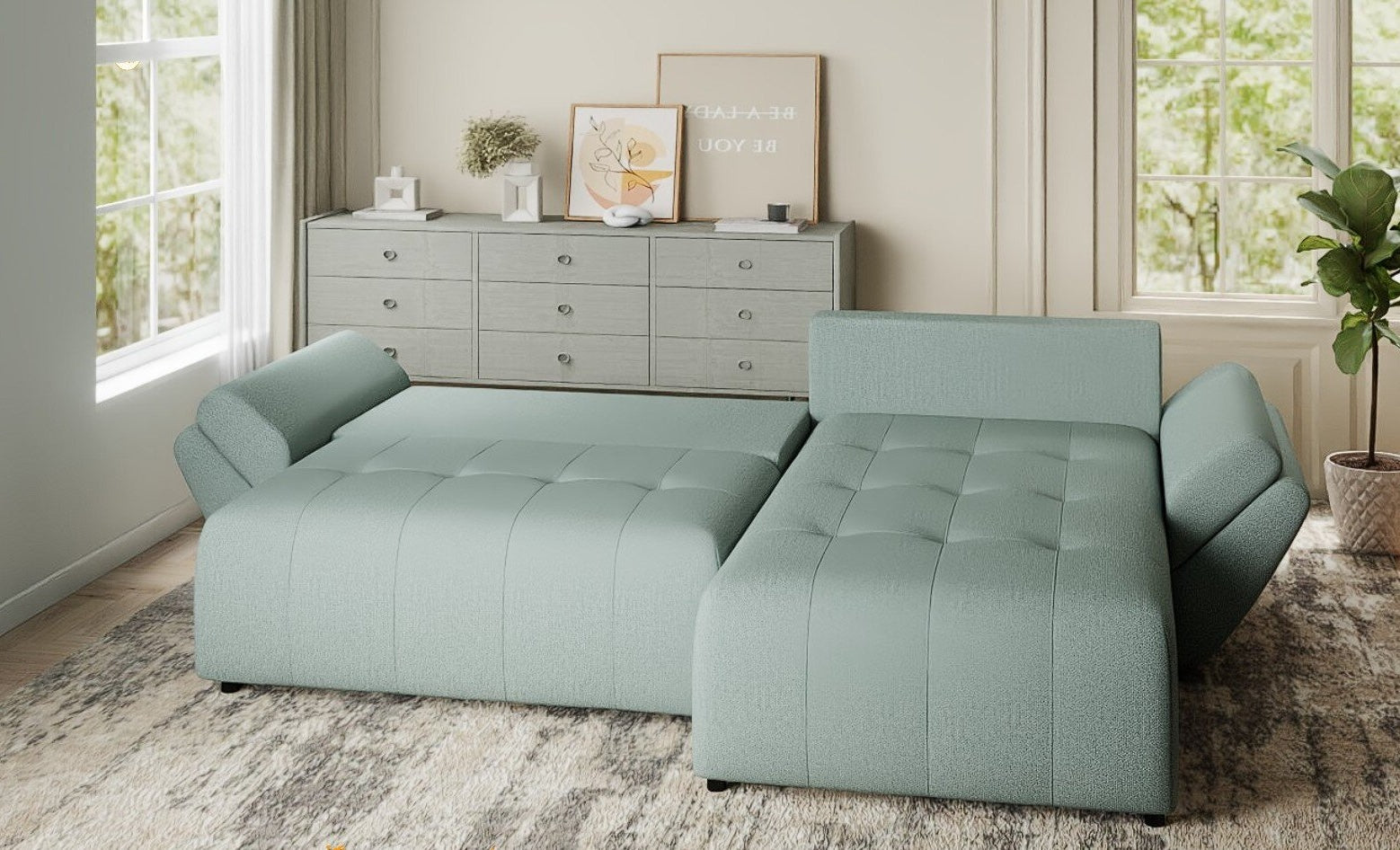 Colțar extensibil dumonde cu ladă de depozitare si sezut confortabil din spuma HR, Berlin Enjoy Verde Mint 280x185 cm II