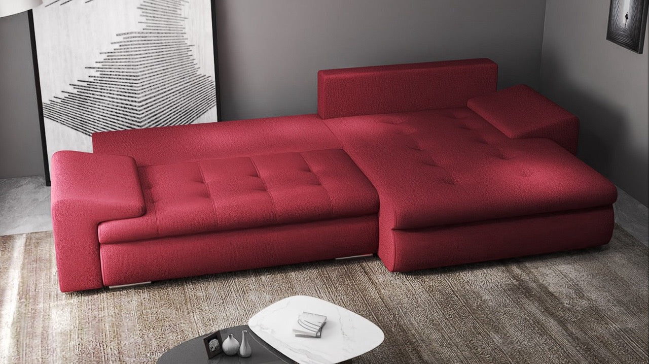 Colțar extensibil dumonde cu ladă de depozitare si sezut confortabil din spuma HR, Leonardo Enjoy Rosu 260x185 cm II Fabrica