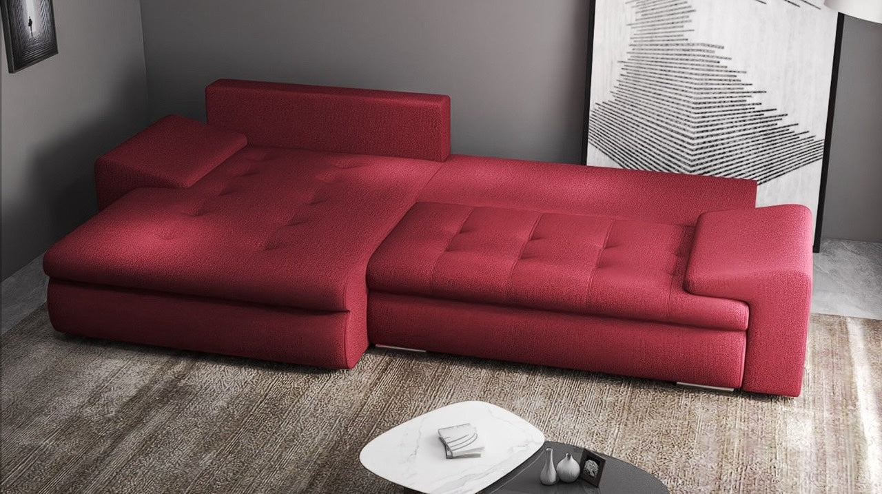 Colțar extensibil dumonde cu ladă de depozitare si sezut confortabil din spuma HR, Leonardo Enjoy Rosu 260x185 cm Fabrica