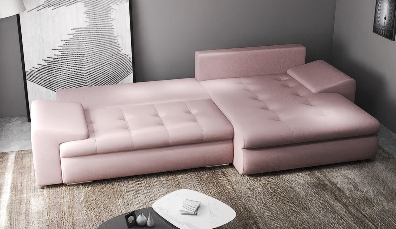 Colțar extensibil dumonde cu ladă de depozitare si sezut confortabil din spuma HR, Leonardo Enjoy Roz 260x185 cm II Fabrica